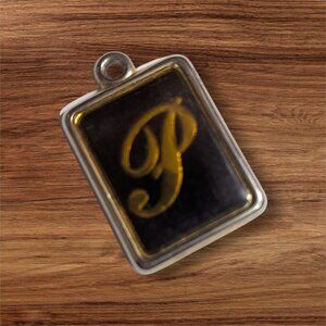 Vintage Rectangular Pendant With Gold P Letter Design & Silver-Tone Frame